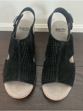 Earth Black Suede Perforated Slingback Sandals